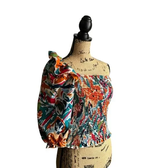 SHEIN Allover Print Ruffle One Shoulder Puff Sleeve Top XL NWOT - Picture 9 of 11